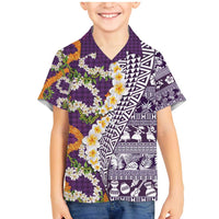 Hawaiian Plumeria Lei Family Matching Mermaid Dress and Hawaiian Shirt Kakau Motifs and Palaka Half Style Purple Color - Polynesian Pride