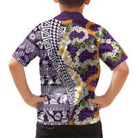 Hawaiian Plumeria Lei Family Matching Off The Shoulder Long Sleeve Dress and Hawaiian Shirt Kakau Motifs and Palaka Half Style Purple Color - Polynesian Pride