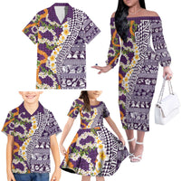 Hawaiian Plumeria Lei Family Matching Off The Shoulder Long Sleeve Dress and Hawaiian Shirt Kakau Motifs and Palaka Half Style Purple Color - Polynesian Pride