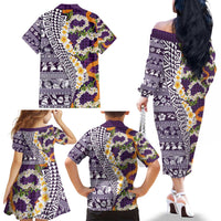 Hawaiian Plumeria Lei Family Matching Off The Shoulder Long Sleeve Dress and Hawaiian Shirt Kakau Motifs and Palaka Half Style Purple Color - Polynesian Pride