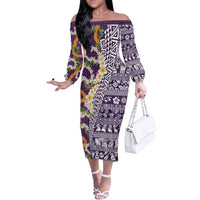 Hawaiian Plumeria Lei Family Matching Off The Shoulder Long Sleeve Dress and Hawaiian Shirt Kakau Motifs and Palaka Half Style Purple Color - Polynesian Pride