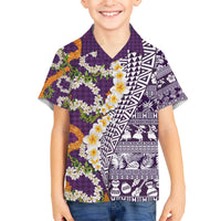Hawaiian Plumeria Lei Family Matching Off The Shoulder Long Sleeve Dress and Hawaiian Shirt Kakau Motifs and Palaka Half Style Purple Color - Polynesian Pride