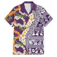Hawaiian Plumeria Lei Family Matching Off Shoulder Maxi Dress and Hawaiian Shirt Kakau Motifs and Palaka Half Style Purple Color - Polynesian Pride