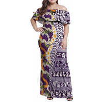 Hawaiian Plumeria Lei Family Matching Off Shoulder Maxi Dress and Hawaiian Shirt Kakau Motifs and Palaka Half Style Purple Color - Polynesian Pride
