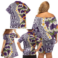 Hawaiian Plumeria Lei Family Matching Off Shoulder Short Dress and Hawaiian Shirt Kakau Motifs and Palaka Half Style Purple Color - Polynesian Pride