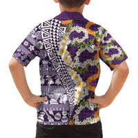 Hawaiian Plumeria Lei Family Matching Short Sleeve Bodycon Dress and Hawaiian Shirt Kakau Motifs and Palaka Half Style Purple Color - Polynesian Pride