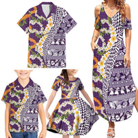 Hawaiian Plumeria Lei Family Matching Summer Maxi Dress and Hawaiian Shirt Kakau Motifs and Palaka Half Style Purple Color - Polynesian Pride