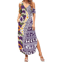 Hawaiian Plumeria Lei Family Matching Summer Maxi Dress and Hawaiian Shirt Kakau Motifs and Palaka Half Style Purple Color - Polynesian Pride
