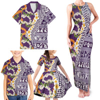 Hawaiian Plumeria Lei Family Matching Tank Maxi Dress and Hawaiian Shirt Kakau Motifs and Palaka Half Style Purple Color - Polynesian Pride