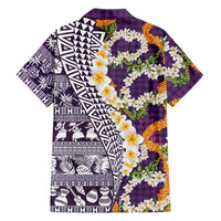 Hawaiian Plumeria Lei Family Matching Tank Maxi Dress and Hawaiian Shirt Kakau Motifs and Palaka Half Style Purple Color - Polynesian Pride