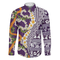 Hawaiian Plumeria Lei Family Matching Tank Maxi Dress and Hawaiian Shirt Kakau Motifs and Palaka Half Style Purple Color - Polynesian Pride