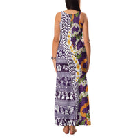 Hawaiian Plumeria Lei Family Matching Tank Maxi Dress and Hawaiian Shirt Kakau Motifs and Palaka Half Style Purple Color - Polynesian Pride