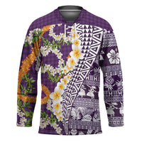 Hawaiian Plumeria Lei Hockey Jersey Kakau Motifs and Palaka Half Style Purple Color - Polynesian Pride