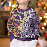 Hawaiian Plumeria Lei Kid Ugly Christmas Sweater Kakau Motifs and Palaka Half Style Purple Color - Polynesian Pride