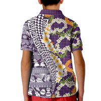 Hawaiian Plumeria Lei Kid Polo Shirt Kakau Motifs and Palaka Half Style Purple Color - Polynesian Pride