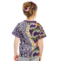 Hawaiian Plumeria Lei Kid T Shirt Kakau Motifs and Palaka Half Style Purple Color - Polynesian Pride