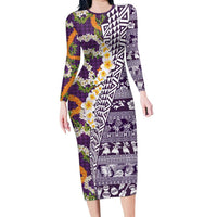 Hawaiian Plumeria Lei Long Sleeve Bodycon Dress Kakau Motifs and Palaka Half Style Purple Color - Polynesian Pride
