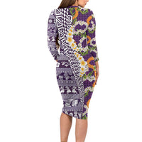 Hawaiian Plumeria Lei Long Sleeve Bodycon Dress Kakau Motifs and Palaka Half Style Purple Color - Polynesian Pride