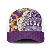Hawaiian Plumeria Lei Mesh Trucker Cap Kakau Motifs and Palaka Half Style Purple Color - Polynesian Pride
