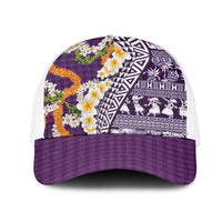 Hawaiian Plumeria Lei Mesh Trucker Cap Kakau Motifs and Palaka Half Style Purple Color LT03 One Size White Purple - Polynesian Pride