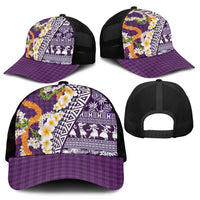 Hawaiian Plumeria Lei Mesh Trucker Cap Kakau Motifs and Palaka Half Style Purple Color - Polynesian Pride