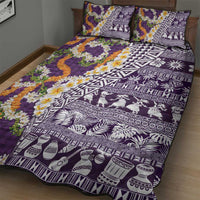 Hawaiian Plumeria Lei Quilt Bed Set Kakau Motifs and Palaka Half Style Purple Color - Polynesian Pride