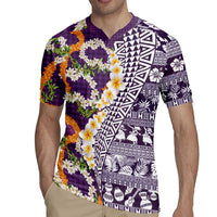 Hawaiian Plumeria Lei Rugby Jersey Kakau Motifs and Palaka Half Style Purple Color - Polynesian Pride