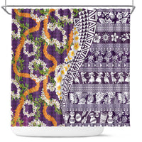 Hawaiian Plumeria Lei Shower Curtain Kakau Motifs and Palaka Half Style Purple Color - Polynesian Pride