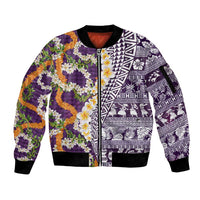 Hawaiian Plumeria Lei Sleeve Zip Bomber Jacket Kakau Motifs and Palaka Half Style Purple Color - Polynesian Pride
