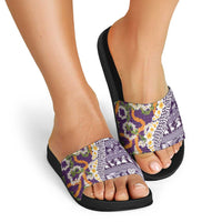 Hawaiian Plumeria Lei Slide Sandals Kakau Motifs and Palaka Half Style Purple Color - Polynesian Pride