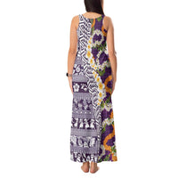 Hawaiian Plumeria Lei Tank Maxi Dress Kakau Motifs and Palaka Half Style Purple Color - Polynesian Pride
