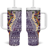 Hawaiian Plumeria Lei Tumbler With Handle Kakau Motifs and Palaka Half Style Purple Color - Polynesian Pride