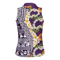 Hawaiian Plumeria Lei Women Sleeveless Polo Shirt Kakau Motifs and Palaka Half Style Purple Color - Polynesian Pride