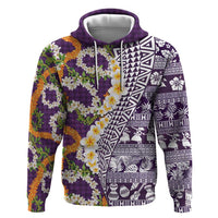 Hawaiian Plumeria Lei Zip Hoodie Kakau Motifs and Palaka Half Style Purple Color - Polynesian Pride