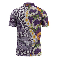 Hawaiian Plumeria Lei Zipper Polo Shirt Kakau Motifs and Palaka Half Style Purple Color - Polynesian Pride