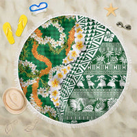 Hawaiian Plumeria Lei Beach Blanket Kakau Motifs and Palaka Half Style Green Color - Polynesian Pride