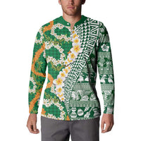 Hawaiian Plumeria Lei Button Sweatshirt Kakau Motifs and Palaka Half Style Green Color LT03 - Polynesian Pride