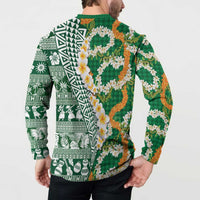 Hawaiian Plumeria Lei Button Sweatshirt Kakau Motifs and Palaka Half Style Green Color LT03 - Polynesian Pride