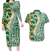 Hawaiian Plumeria Lei Couples Matching Long Sleeve Bodycon Dress and Hawaiian Shirt Kakau Motifs and Palaka Half Style Green Color - Polynesian Pride