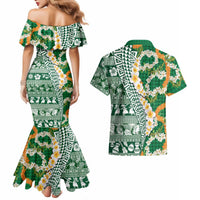 Hawaiian Plumeria Lei Couples Matching Mermaid Dress and Hawaiian Shirt Kakau Motifs and Palaka Half Style Green Color - Polynesian Pride