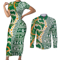 Hawaiian Plumeria Lei Couples Matching Short Sleeve Bodycon Dress and Long Sleeve Button Shirt Kakau Motifs and Palaka Half Style Green Color - Polynesian Pride