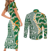 Hawaiian Plumeria Lei Couples Matching Short Sleeve Bodycon Dress and Long Sleeve Button Shirt Kakau Motifs and Palaka Half Style Green Color - Polynesian Pride