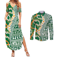 Hawaiian Plumeria Lei Couples Matching Summer Maxi Dress and Long Sleeve Button Shirt Kakau Motifs and Palaka Half Style Green Color - Polynesian Pride