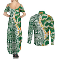 Hawaiian Plumeria Lei Couples Matching Summer Maxi Dress and Long Sleeve Button Shirt Kakau Motifs and Palaka Half Style Green Color - Polynesian Pride