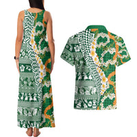 Hawaiian Plumeria Lei Couples Matching Tank Maxi Dress and Hawaiian Shirt Kakau Motifs and Palaka Half Style Green Color - Polynesian Pride