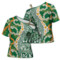 Hawaiian Plumeria Lei Cross Shoulder Shirt Kakau Motifs and Palaka Half Style Green Color - Polynesian Pride