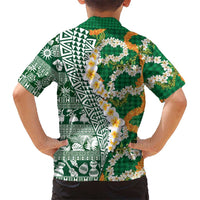 Hawaiian Plumeria Lei Family Matching Long Sleeve Bodycon Dress and Hawaiian Shirt Kakau Motifs and Palaka Half Style Green Color - Polynesian Pride