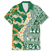 Hawaiian Plumeria Lei Family Matching Long Sleeve Bodycon Dress and Hawaiian Shirt Kakau Motifs and Palaka Half Style Green Color - Polynesian Pride