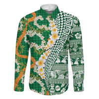 Hawaiian Plumeria Lei Family Matching Long Sleeve Bodycon Dress and Hawaiian Shirt Kakau Motifs and Palaka Half Style Green Color - Polynesian Pride