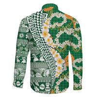 Hawaiian Plumeria Lei Family Matching Long Sleeve Bodycon Dress and Hawaiian Shirt Kakau Motifs and Palaka Half Style Green Color - Polynesian Pride